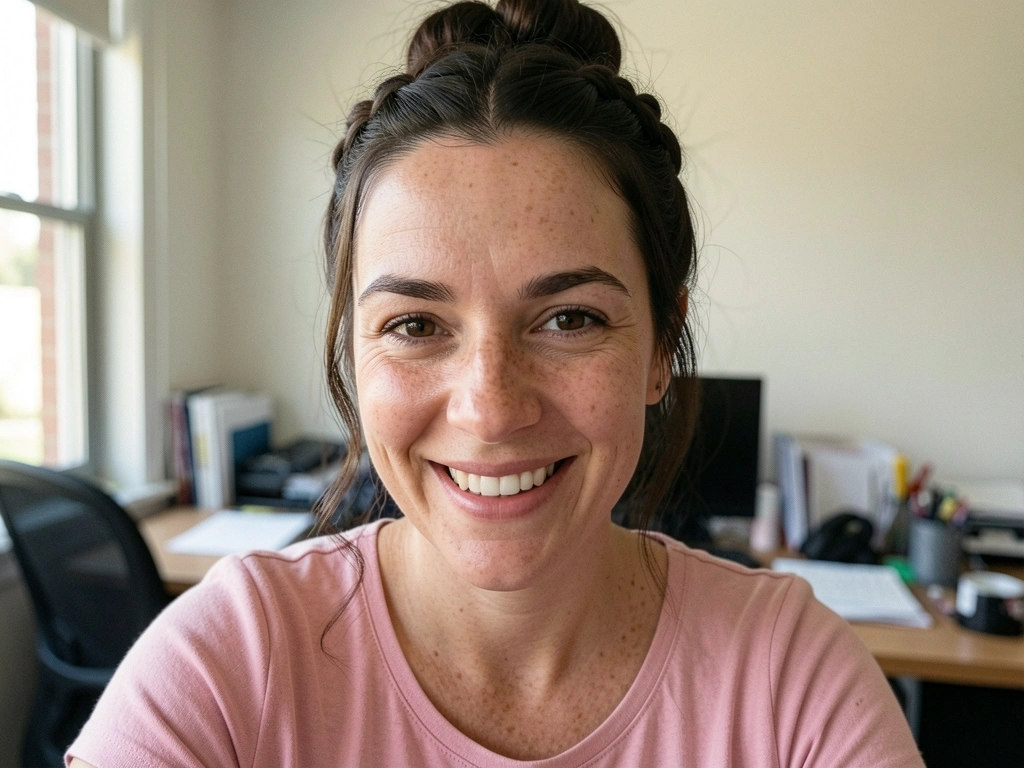 Mulher com cabelo preso em meio coque com torcidinhos laterais, sorrindo, em escritório ao fundo.