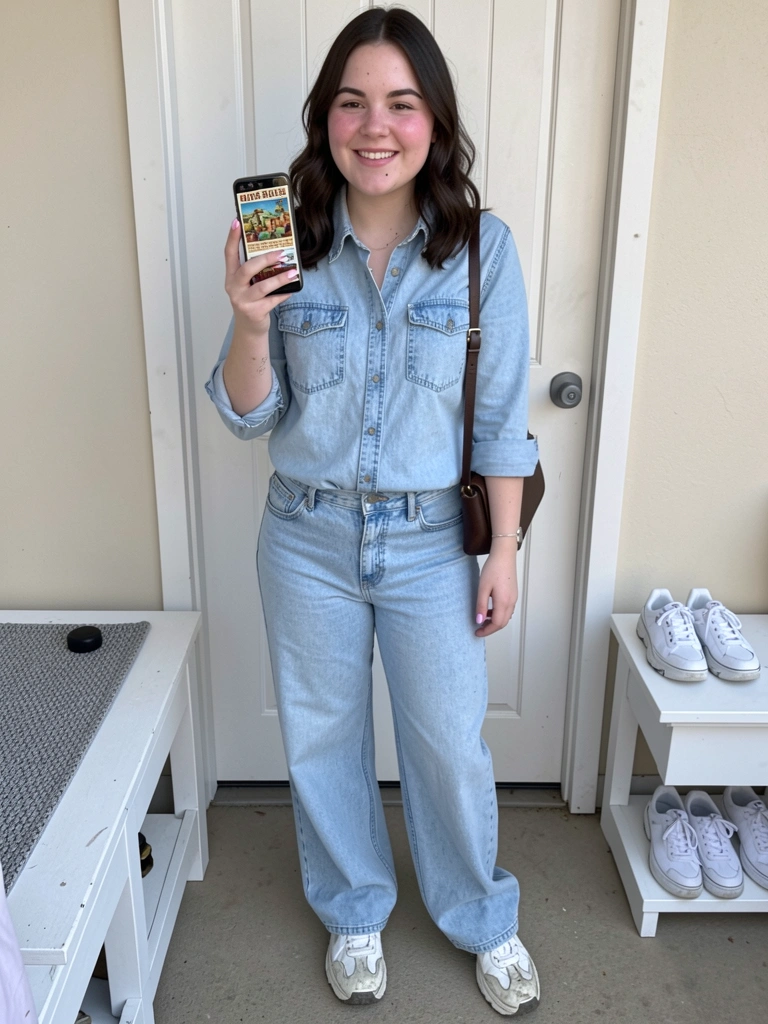 Mulher sentada em banco usando sapatilha branca, jeans cropped e blazer bege.
