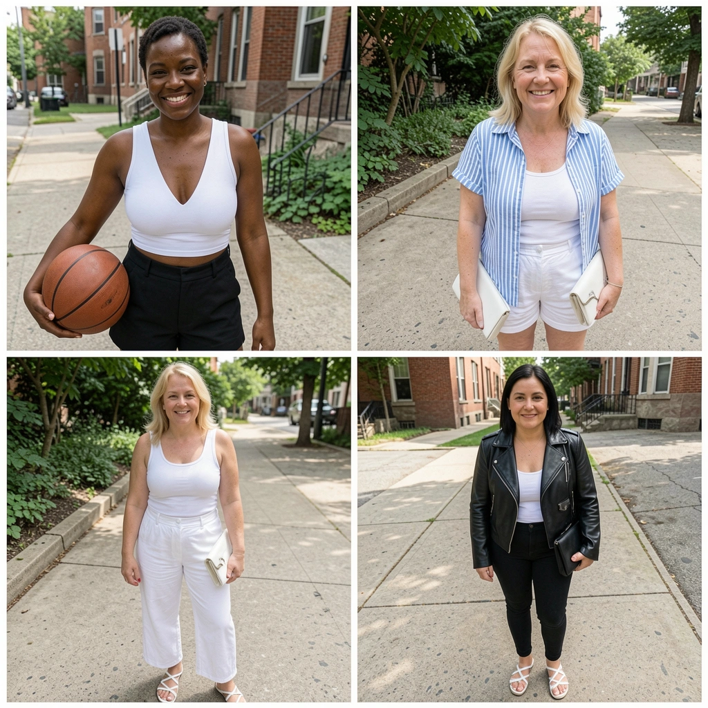 Calça, blusa e sapato off-white em fundo claro.