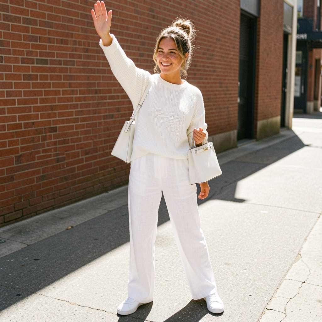 Blusa de tricô branca, calça de linho branca, bolsa de couro branca e sapato branco compondo um look monocromático.