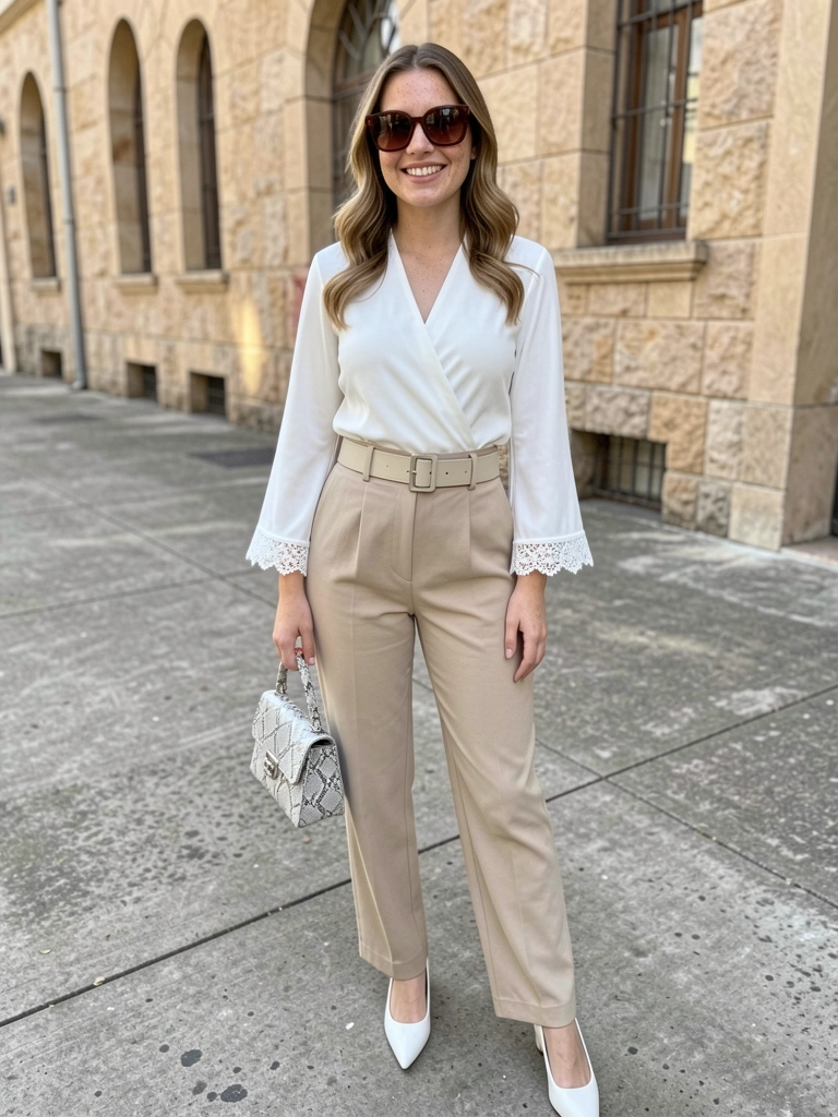 Pessoa usando look branco, cinto nude, bolsa bege e sapato off-white.
