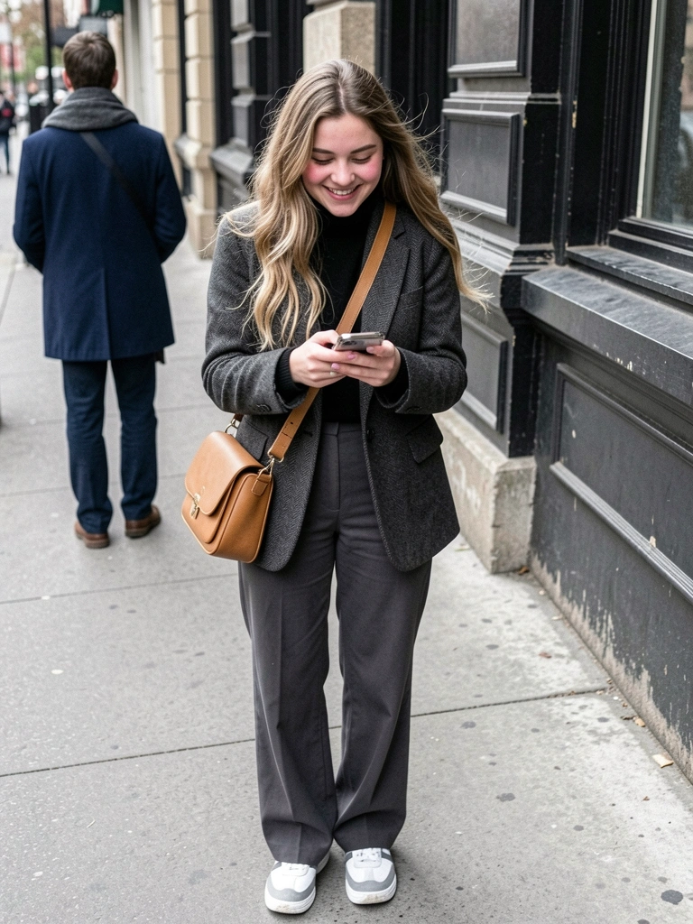 Mulher em pé usando vestido preto, jaqueta jeans aberta e tênis branco.