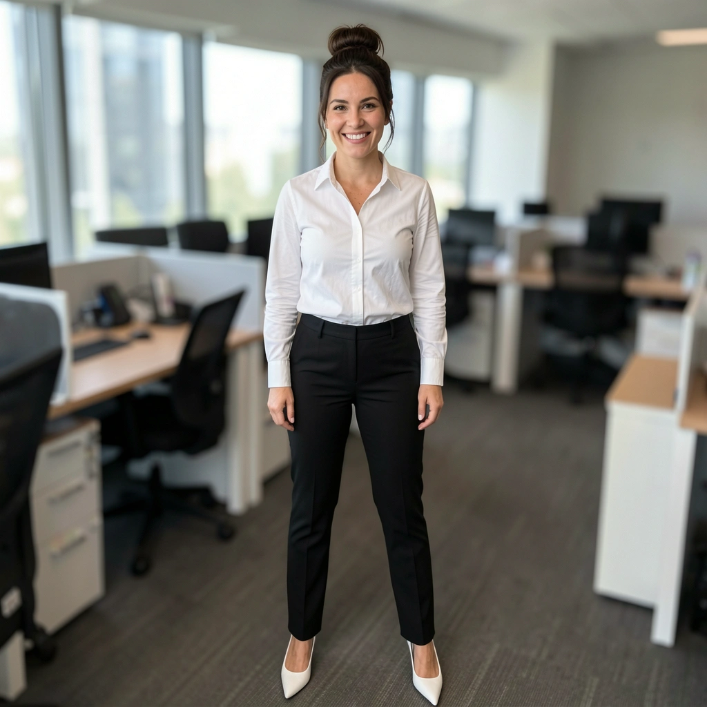 Calça social preta, scarpin branco e camisa branca em ambiente de escritório com mesa e cadeira ao fundo.