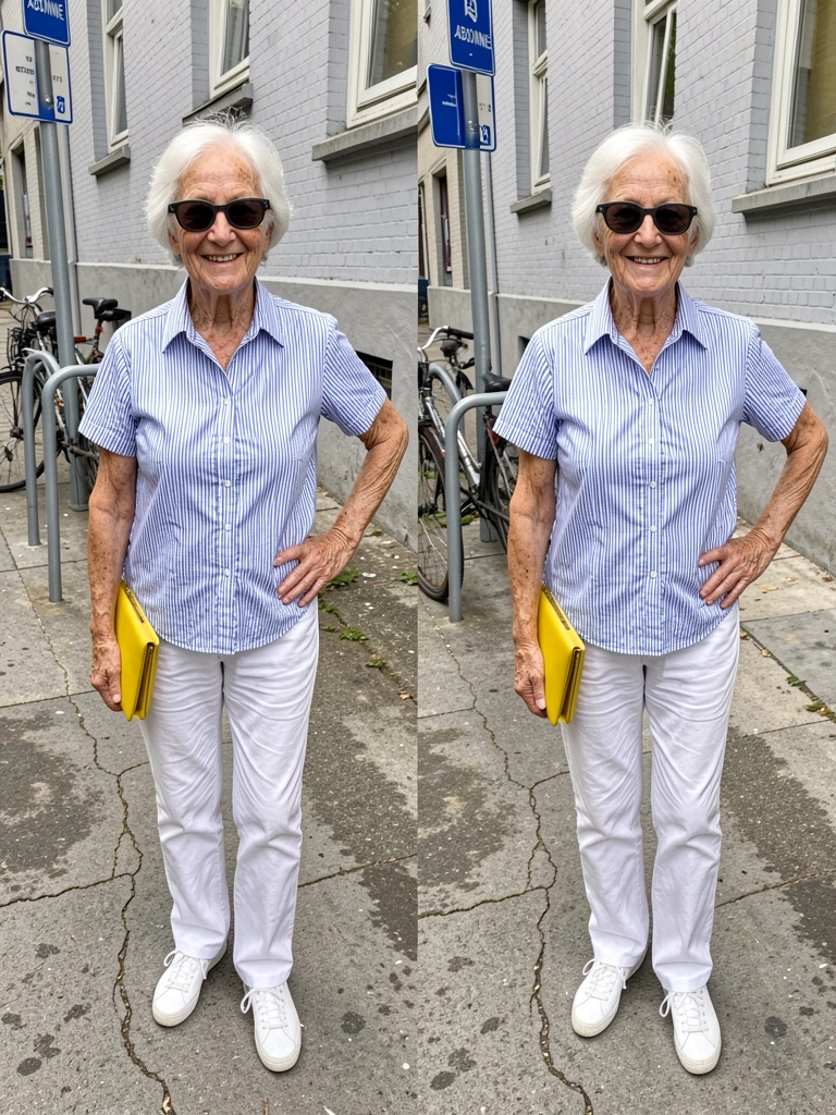 Camisa listrada azul e branca combinada com calça branca e tênis branco.