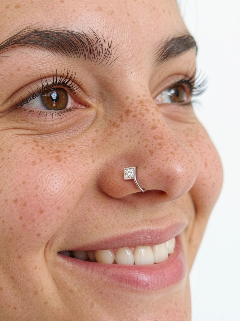 Close-up de nariz feminino com piercing prata e zircônia brilhante, pele clara, fundo neutro.