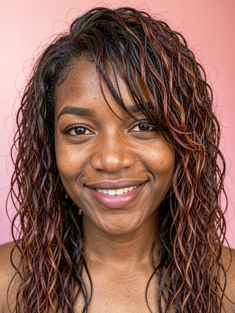 Mulher com rosto hexagonal, cabelo longo desfiado e franja lateral cobrindo as têmporas.