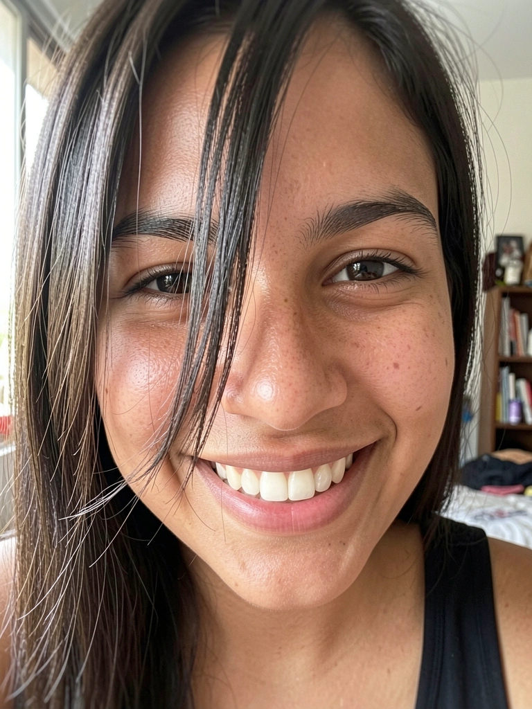 Franja longa caindo sobre a têmpora, olhos parcialmente visíveis.