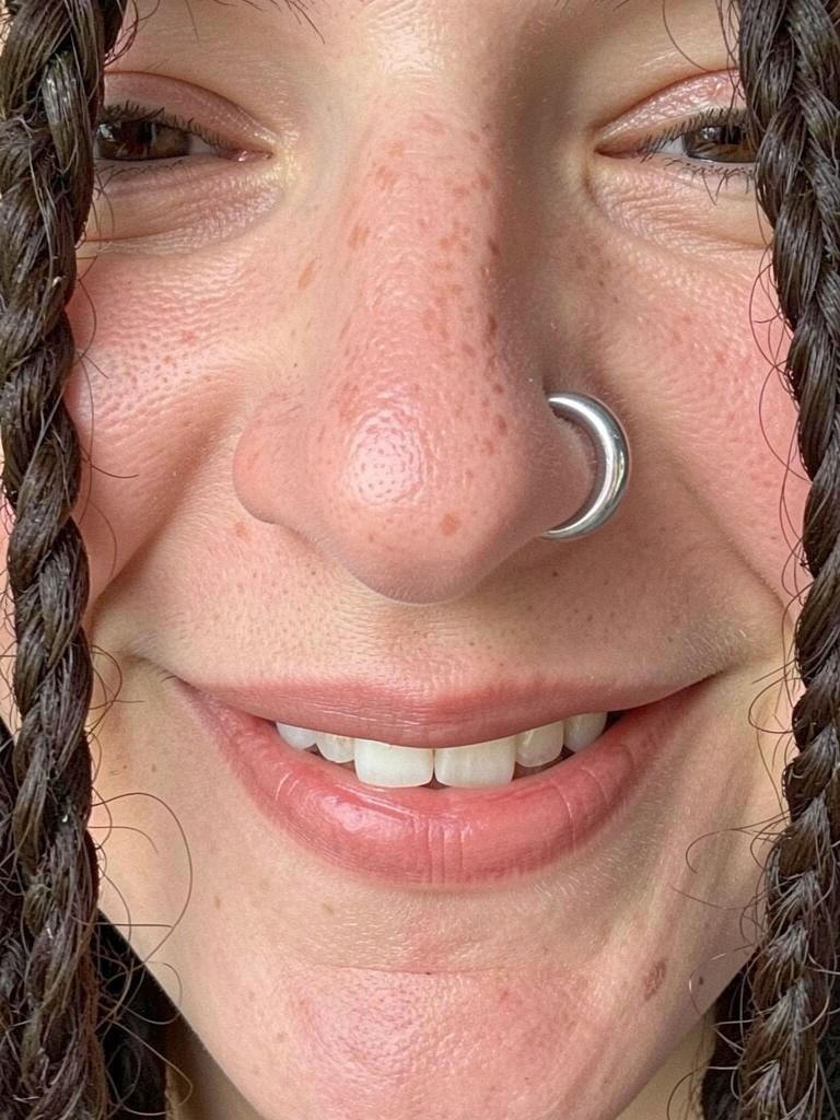 Nariz com dois piercings: um ponto de luz e uma argola minúscula, visão frontal.