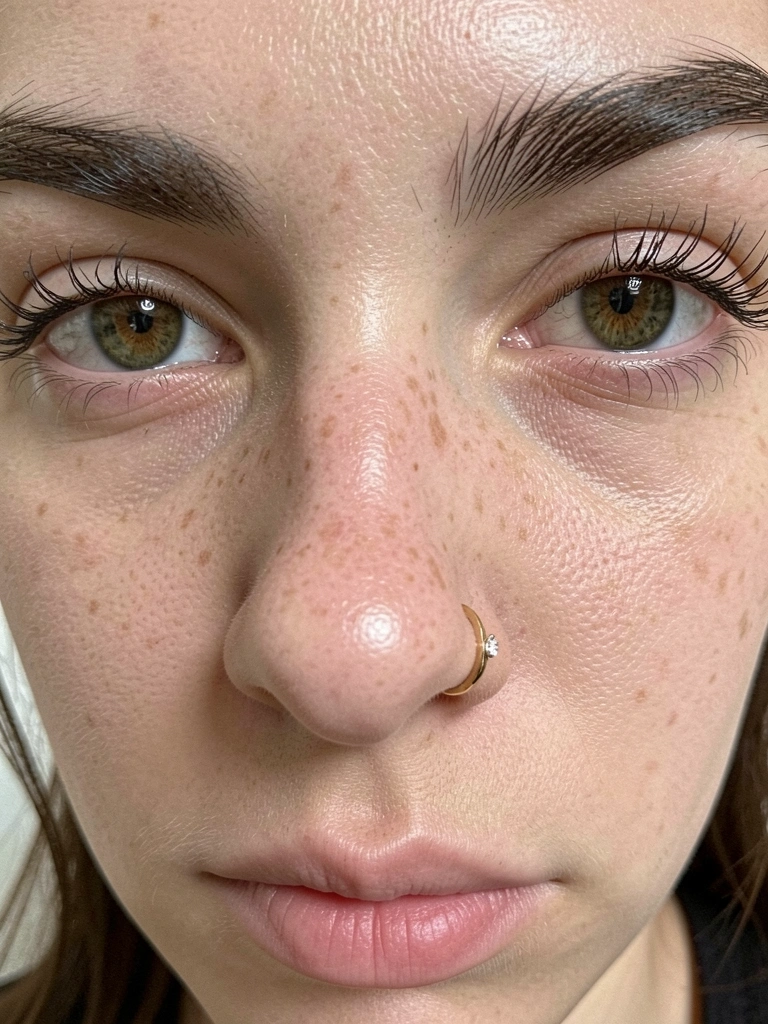 Quatro ilustrações de rostos femininos com diferentes formatos e piercings no nariz, lábios e sobrancelha.