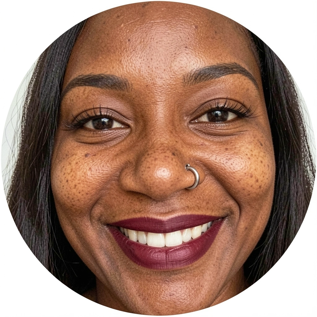 Mulher de rosto redondo com piercing argola média na narina direita, sorrindo.
