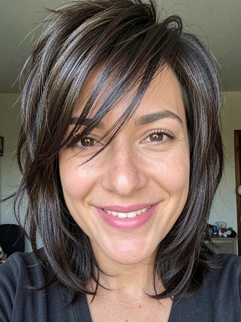 Mulher com cabelo fino em corte repicado curto, volume aparente.