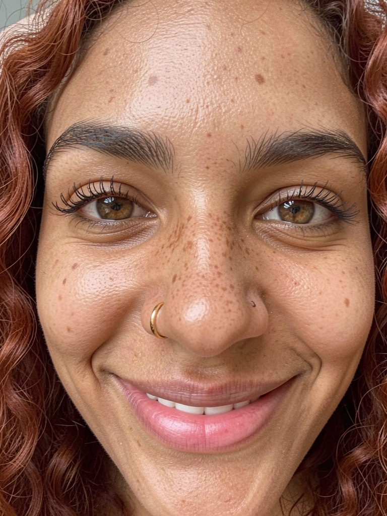 Close-up de mulher com rosto quadrado e piercing de argola fina de ouro no nariz.