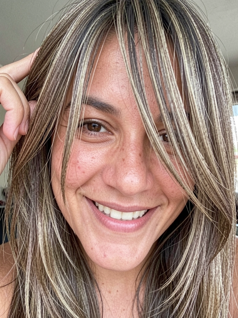 Mão separando fios de cabelo fino com repicados.