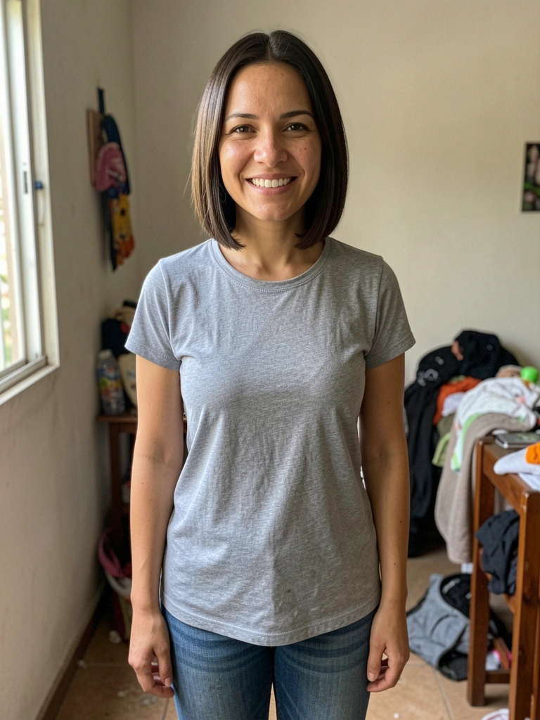 Mulher em pé, de corpo inteiro, com cabelo cortado na altura dos ombros, braços relaxados ao lado do corpo.