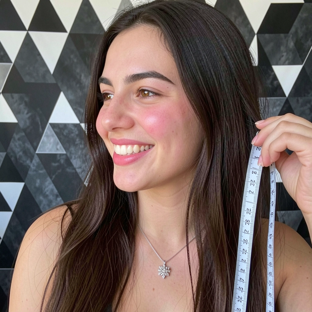 Mulher de perfil com cabelo na altura dos ombros e fita métrica próxima ao rosto.