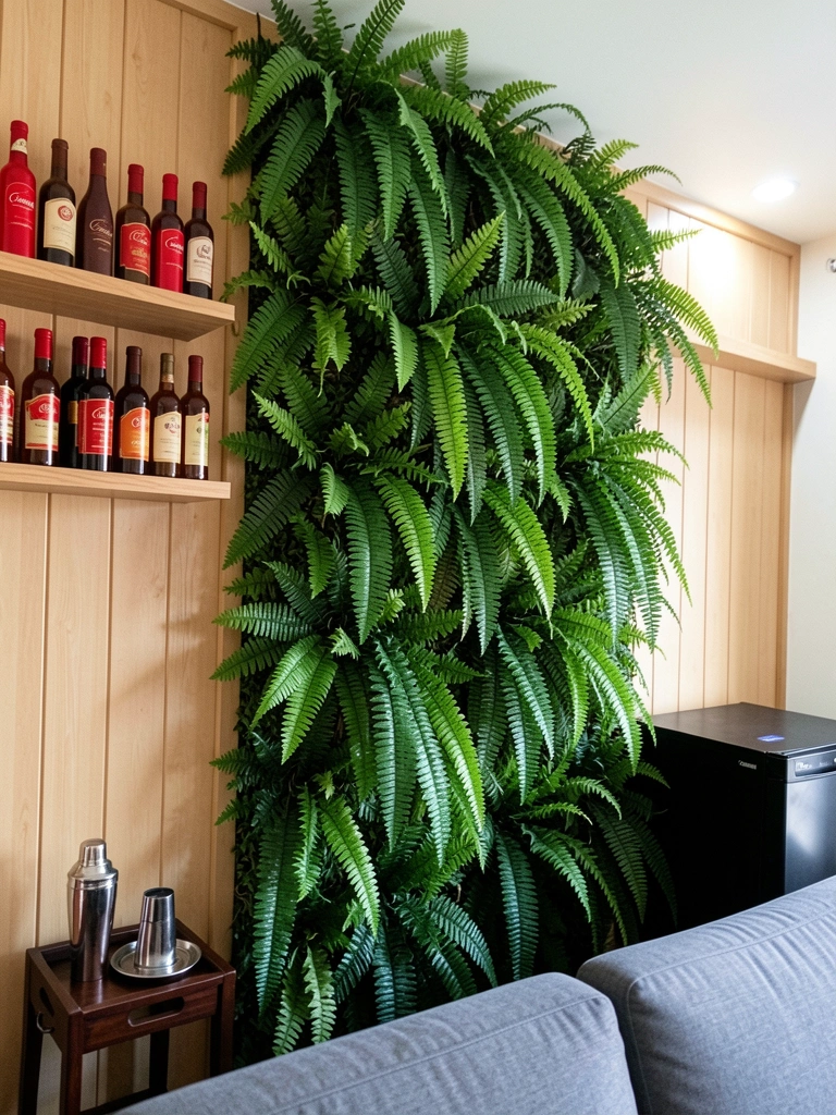 Parede de sala com painel de samambaias artificiais, sofá cinza e luz natural vinda de uma janela.