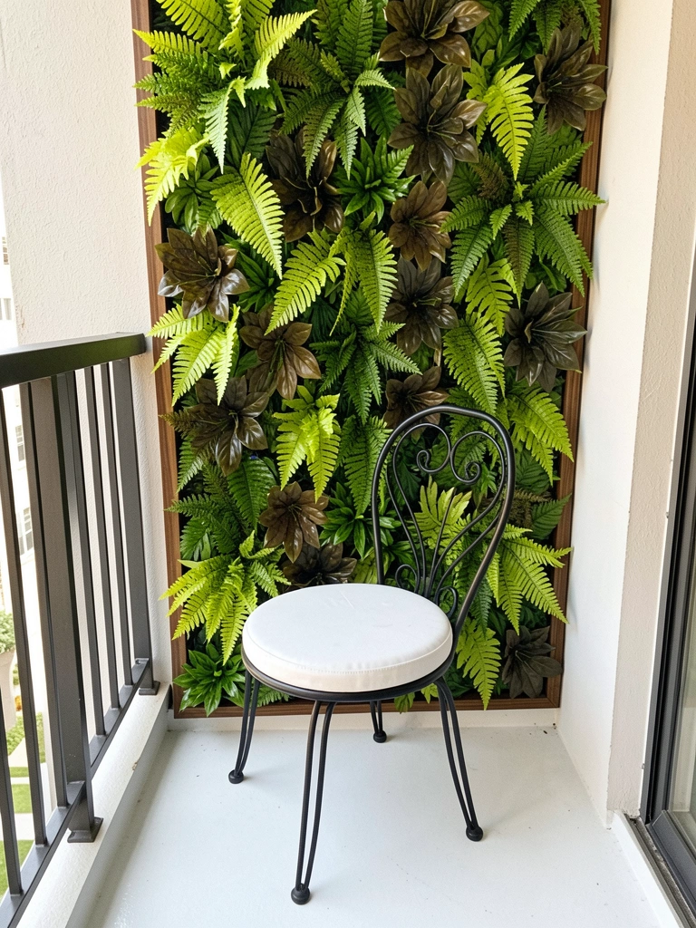 Varanda estreita com quadro de plantas artificiais emoldurado e cadeira de ferro.
