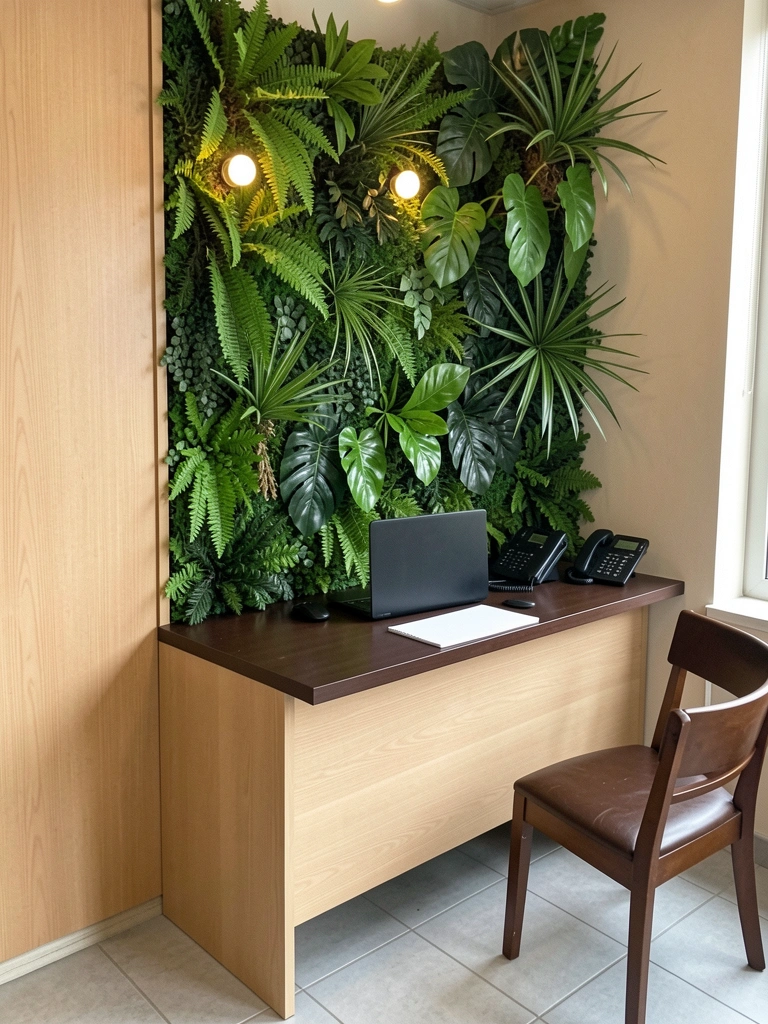 Parede de folhagem artificial verde atrás de uma mesa de trabalho em escritório.