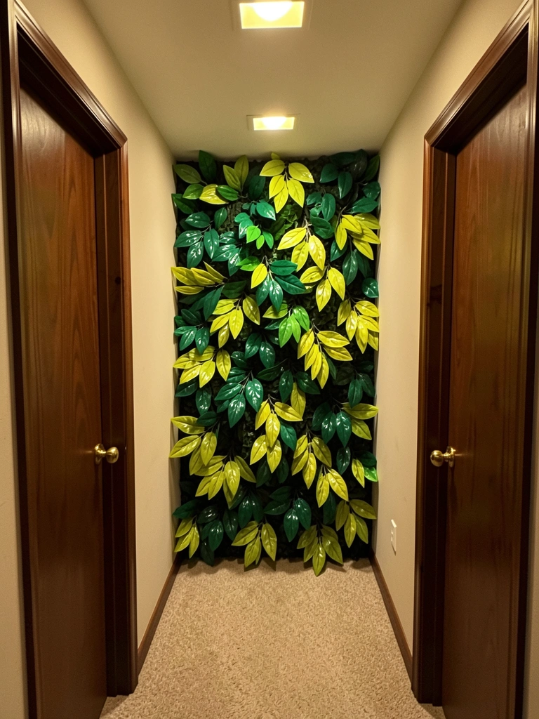 Banheiro com espelho e pequeno painel verde artificial ao lado.