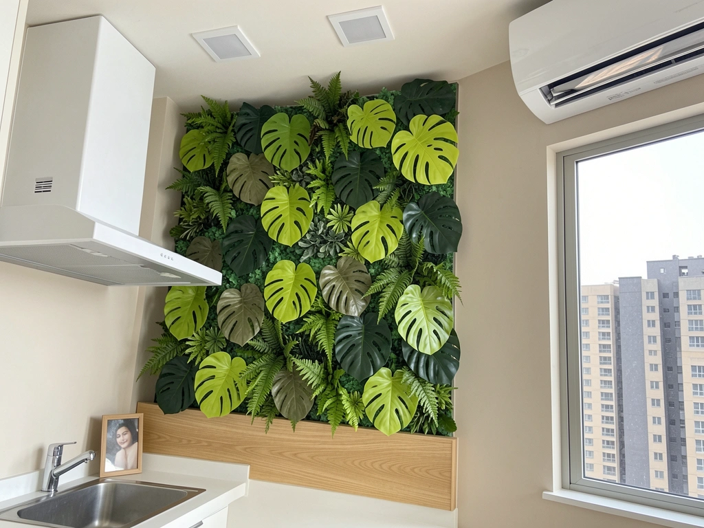 Painel com folhas de costela-de-adão e samambaia intercaladas, formando um jardim vertical artificial.