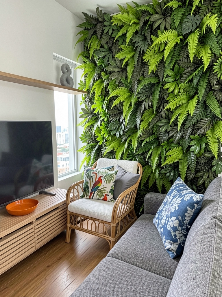 Parede de sala revestida com painel de samambaias artificiais ao lado de sofá cinza sob luz natural.