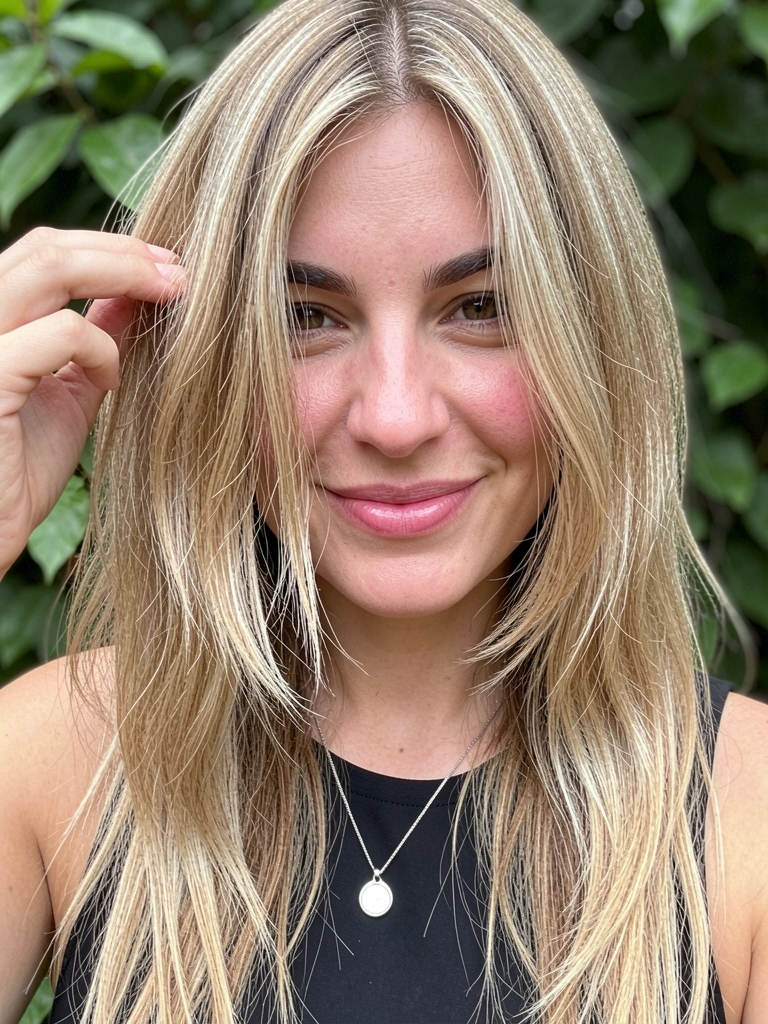 Mãos femininas separando mechas finas de cabelo liso, com leve repicado nas pontas visível.