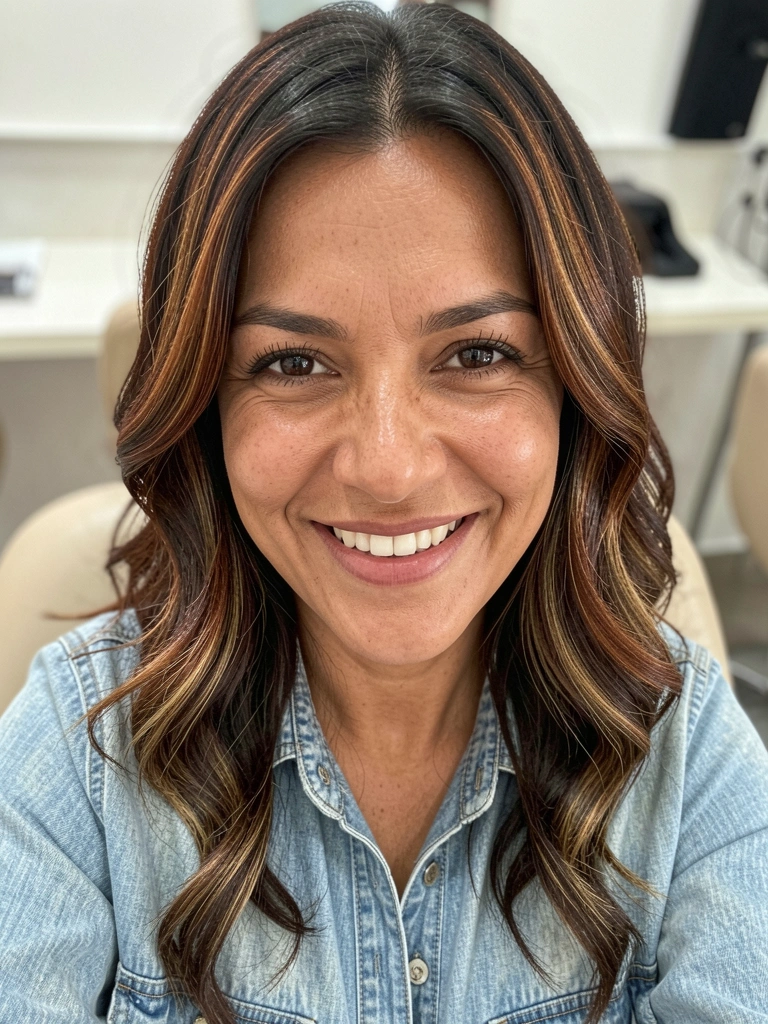 Mulher com cabelo ondulado médio em camadas borboleta, ondas soltas e sorriso natural.