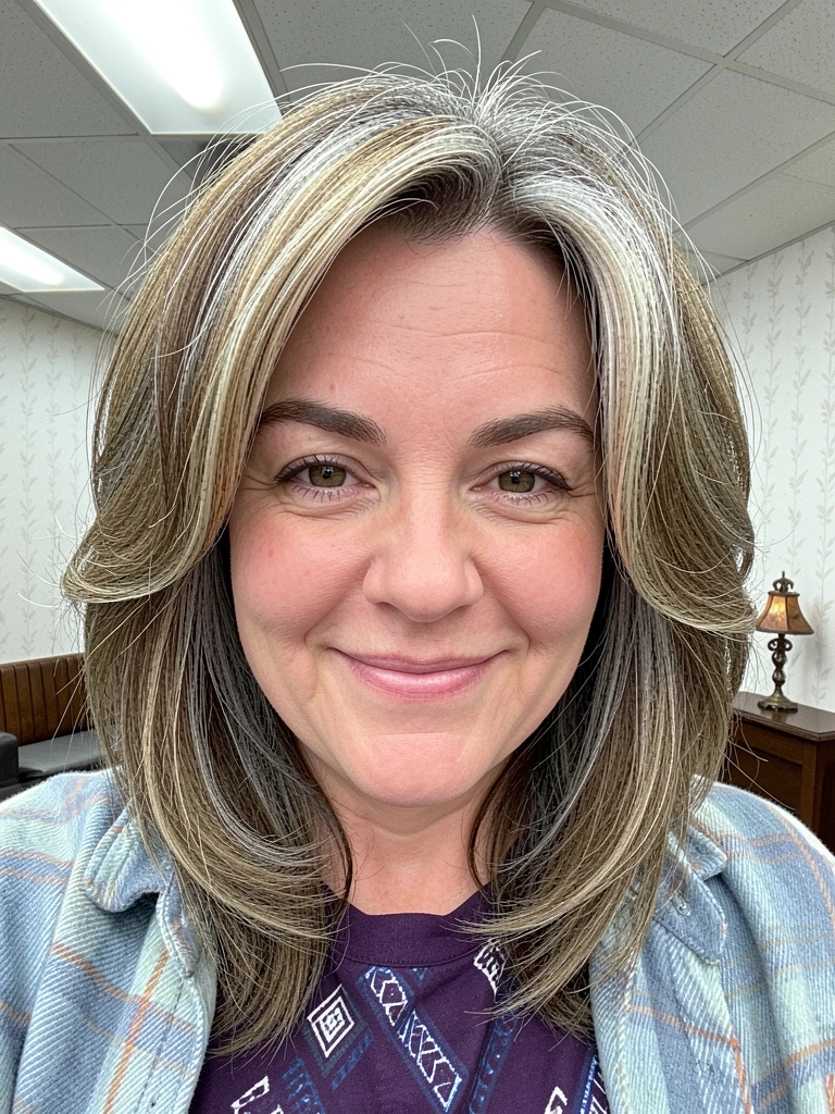 Mulher de cabelo grisalho prateado com corte borboleta, textura natural e sorriso confiante.