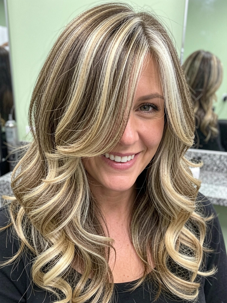 Cabelo com mechas loiras claras em corte butterfly, luz natural destacando as camadas.