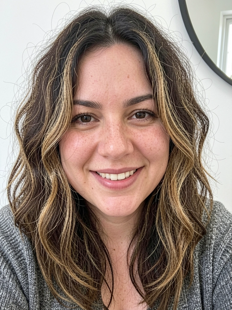 Close-up de rosto feminino com cabelo liso em camadas nas maçãs do rosto, expressão confiante.