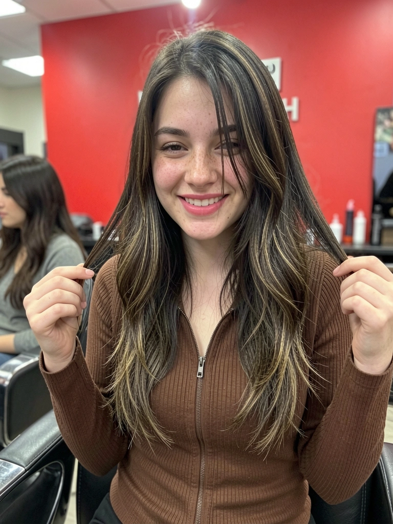 Mãos femininas separam mechas finas de cabelo liso, destacando o repicado nas pontas.