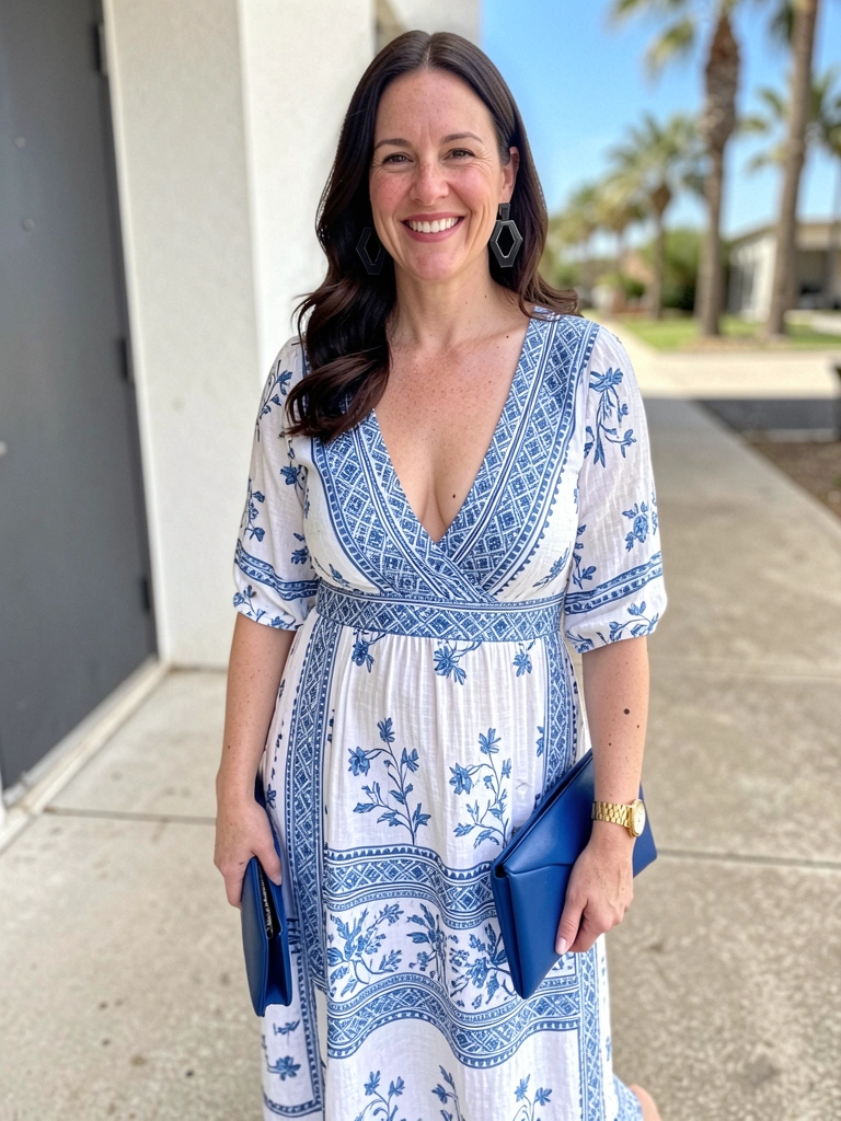 Mulher com vestido longo estampado boho preto e branco, colar de contas e cabelo solto ao vento.