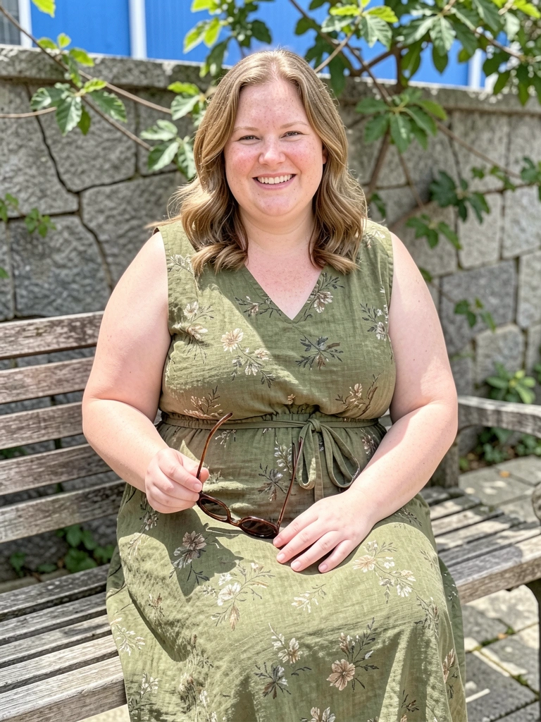 Mulher plus size sentada em banco de jardim, vestindo vestido longo verde com estampa floral.