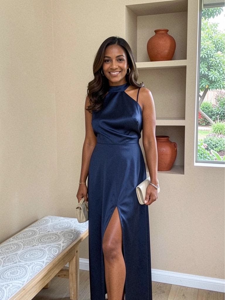 Mulher com vestido longo azul marinho de seda segurando buquê de flores em jardim.