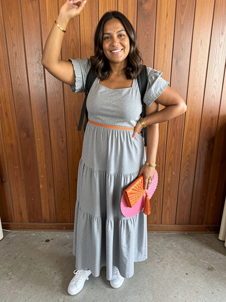 Mulher com vestido longo cinza de malha, tênis branco e mochila nas costas.