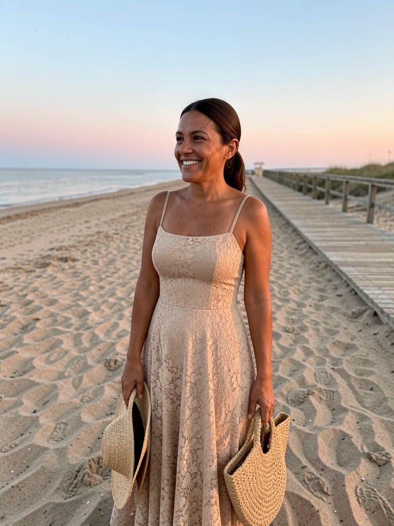 Mulher em vestido longo de renda bege segurando capelo, beca ao lado.