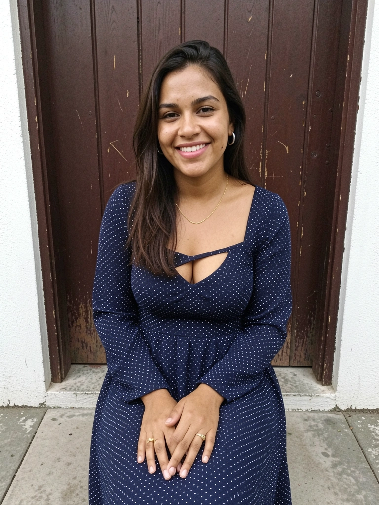 Mulher sorrindo em pé na areia, vestindo vestido longo bege de linho, sandálias rasteiras e bolsa de palha, com o mar ao fundo.