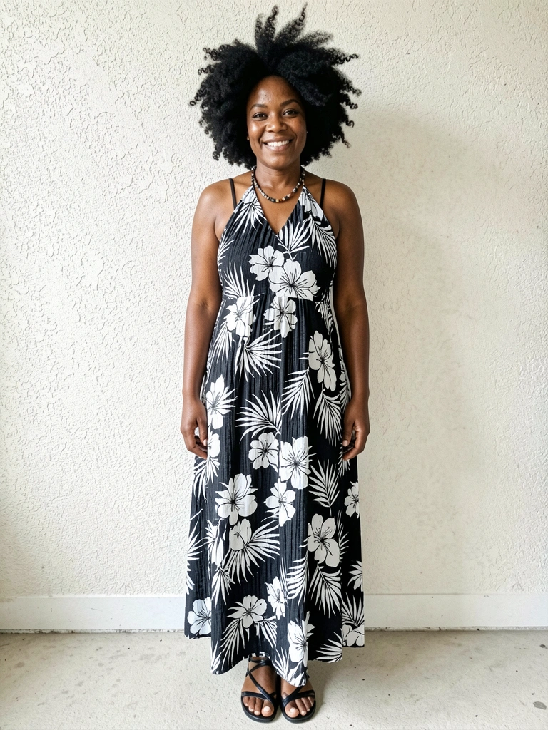 Mulher com vestido longo estampado boho preto e branco, colar de contas e cabelo solto ao vento.