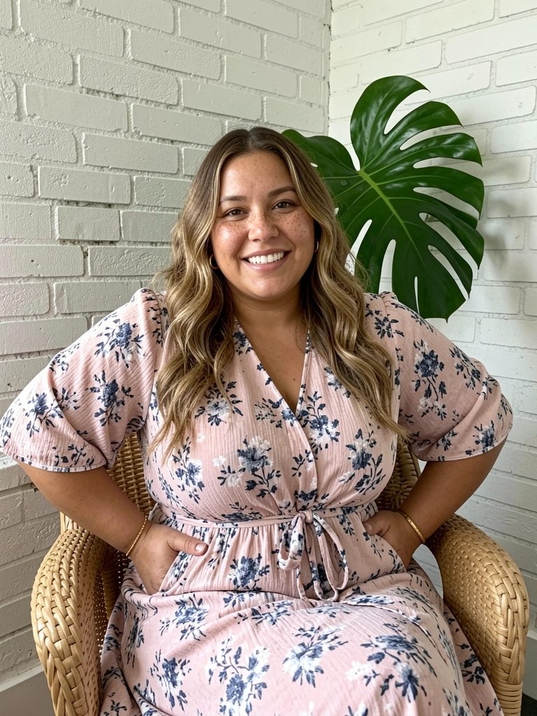 Mulher plus size com vestido longo verde estampado sentada em banco de jardim.