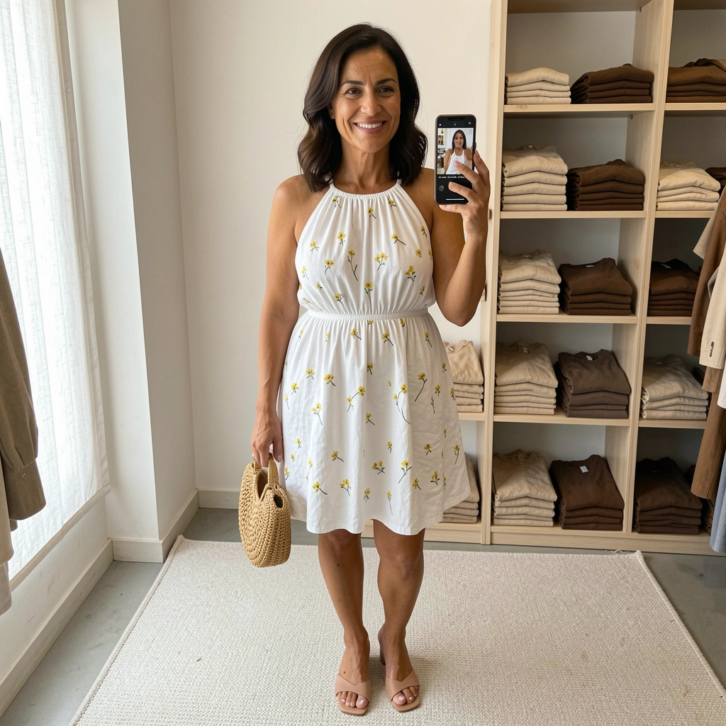 Mulher com vestido longo cinza de malha, tênis branco e mochila nas costas.