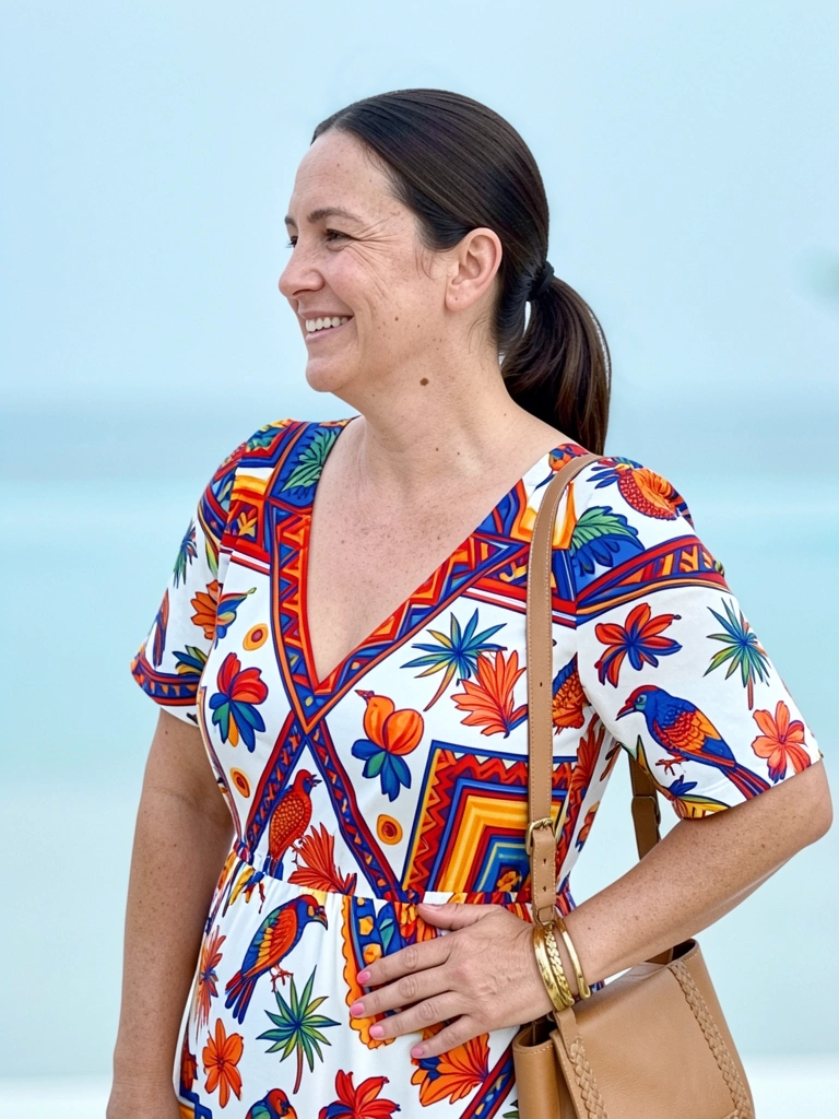 Mulher com vestido longo evasê azul claro, mão na cintura, sorrindo.