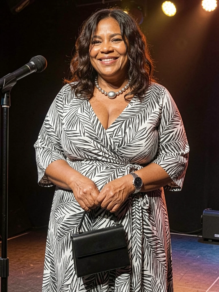 Mulher usando vestido longo sereia prateado em palco com luzes, segurando microfone.