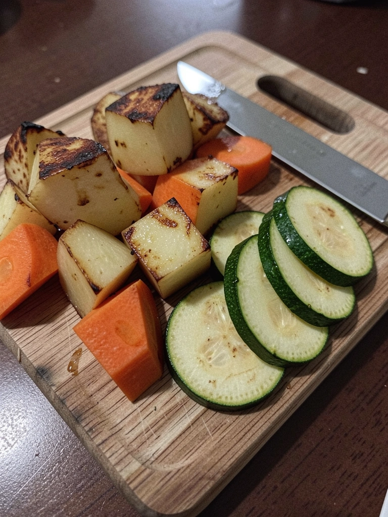 Tábua de madeira com cubos de batata, cenoura e rodelas de abobrinha, faca ao lado.