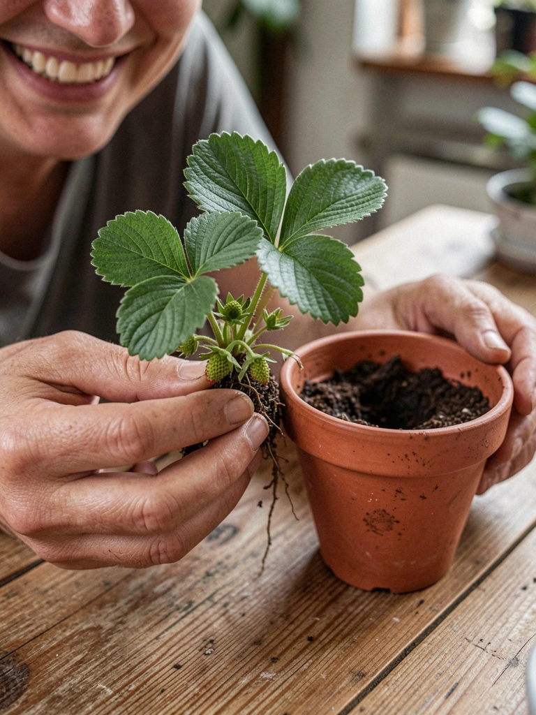 Duas mãos seguram uma muda de morango e um vaso vazio sobre uma mesa de madeira.