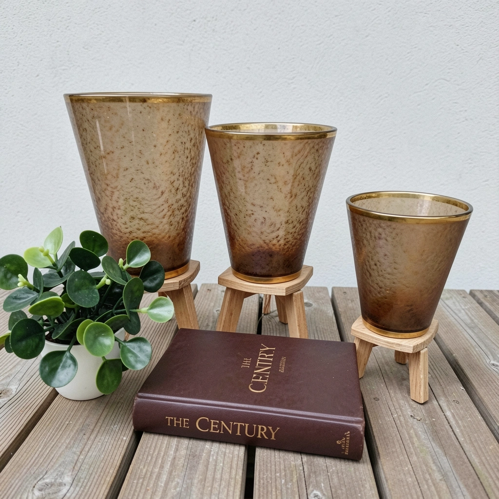 Vasos cônicos de polietileno sobre tripés de madeira em deck de madeira.