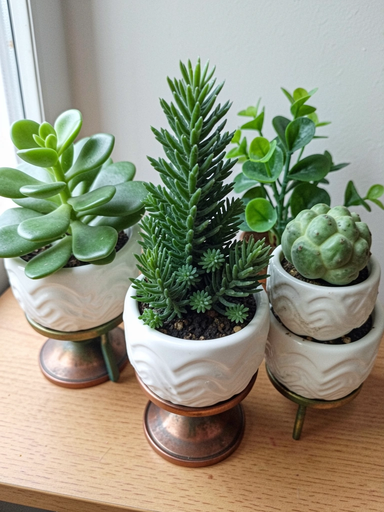 Vaso alto de fibra de vidro com planta artificial ao lado de uma janela com luz natural.