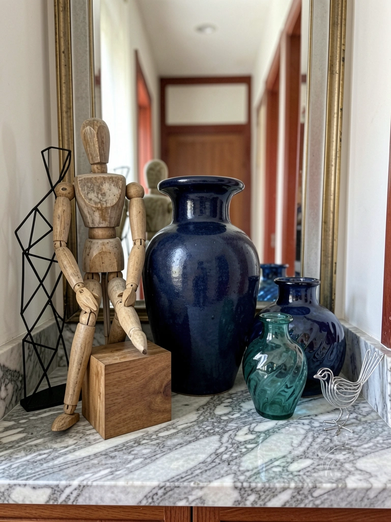 Vaso grande de cerâmica em hall estreito, com espelho ao fundo refletindo o ambiente.