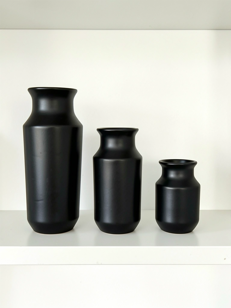 Vaso de concreto com cactos sobre prateleira branca.