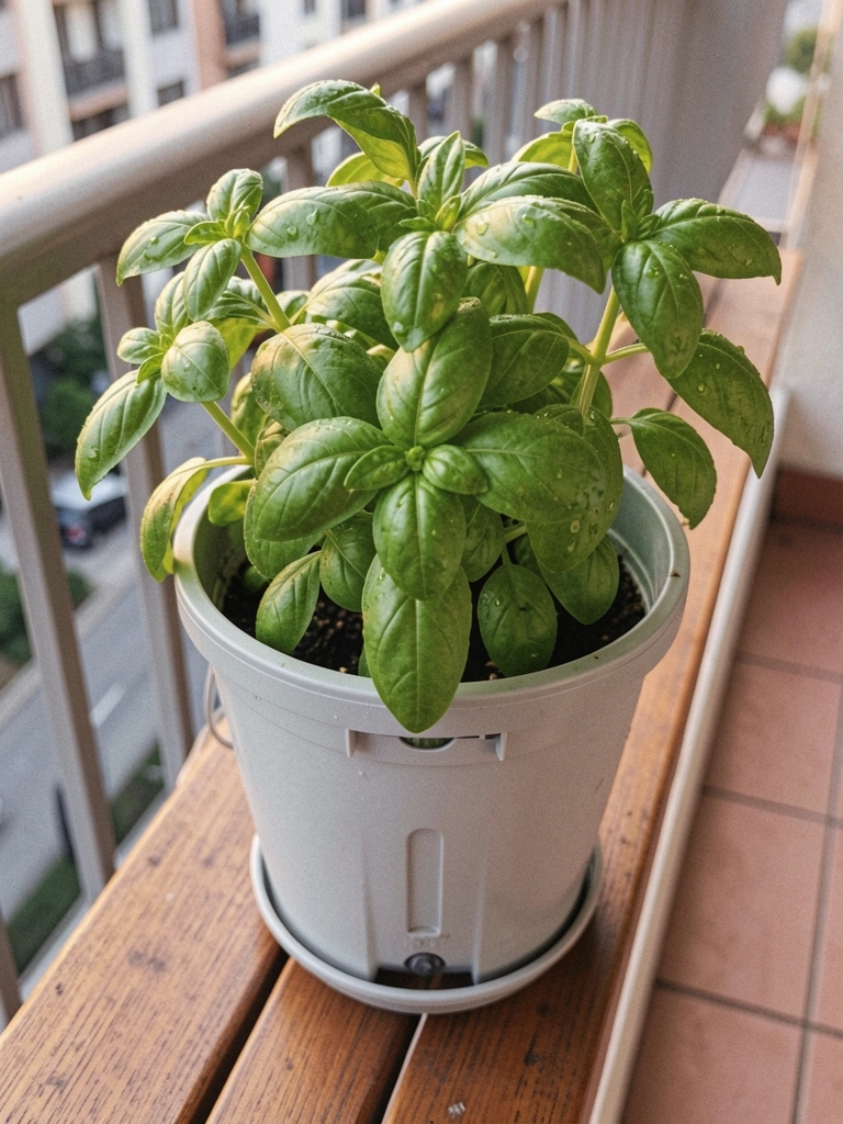 Vaso autoirrigável de plástico com manjericão em varanda ensolarada.