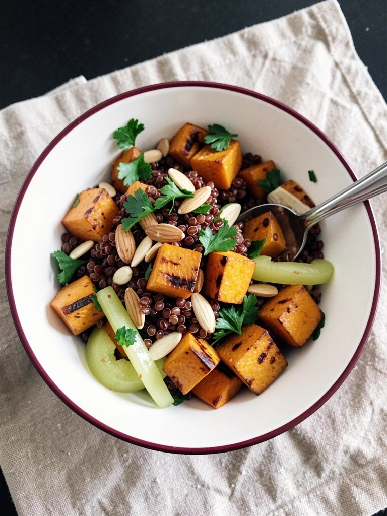 Xícara medidora cheia de quinoa ao lado de uma panela com água.